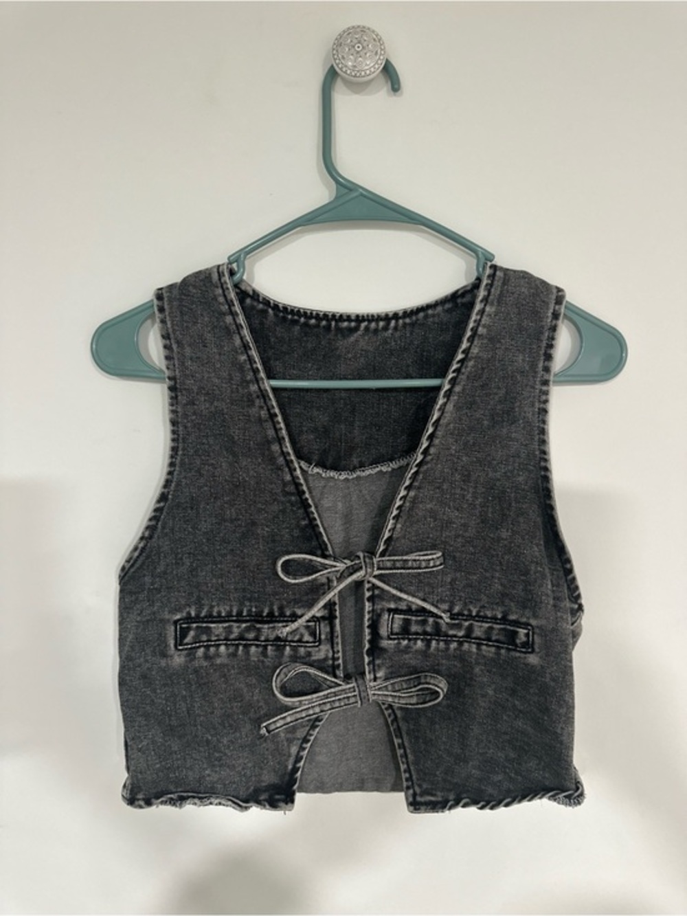 Source Unknown Washed Black Denim Tie-Front Crop Top